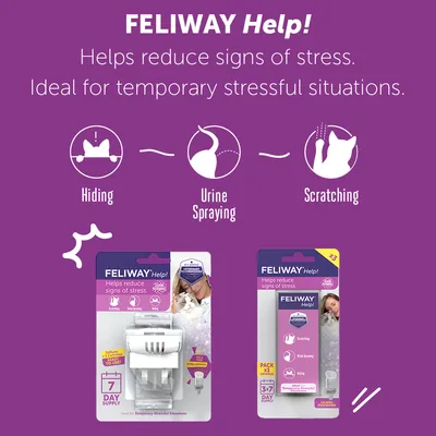 FELIWAY Help! reduces signs of stress such as hiding, urine spraying and scratching. Ideal for temporary stressful situations. Image shows 7 day supply and 3x refill pack.