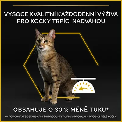 Vysoce kvalitní každodenní výživa pro kočky trpící nadváhou. Obsahuje o 30 % méně tuku. V porovnání se standardními produkty Purina Pro Plan pro dospělé kočky.