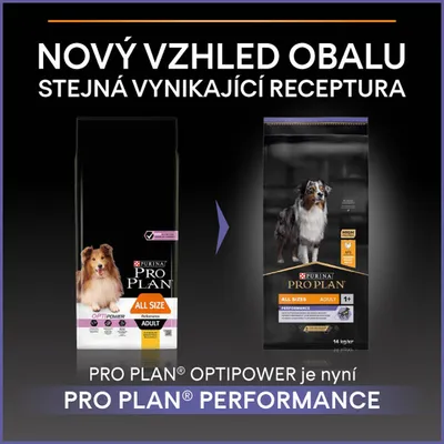 Nový vzhled obalu krmiva Purina Pro Plan. PRO PLAN OPTIPOWER je nyní PRO PLAN PERFORMANCE. Stejná vynikající receptura. Zobrazeny starý a nový obal.