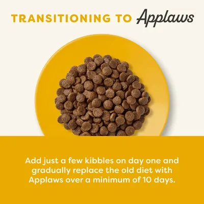 TRANSITIONING TO Applaws. Add just a few kibbles on day one and gradually replace the old diet with Applaws over a minimum of 10 days. Texto en inglés.
