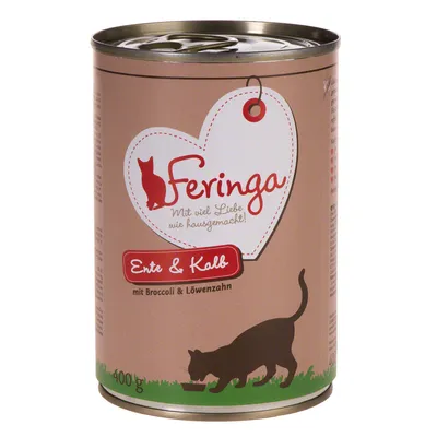 Кутия Feringa, видим текст: Mit viel Liebe wie hausgemacht! Ente & Kalb mit Broccoli & Löwenzahn, 400 г. Илюстрация на котка до купичка.