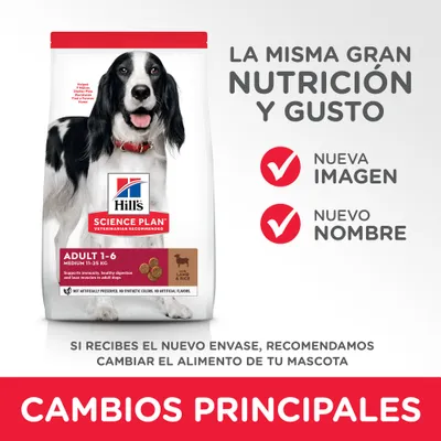 Hill's Science Plan Adult 1-6 Medium 11–25 kg cordero y arroz. La misma gran nutrición y gusto. Nueva imagen, nuevo nombre. Cambios principales en el envase.
