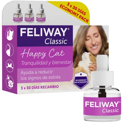 FELIWAY Classic Happy Cat, tranquilidad y bienestar. Ayuda a reducir los signos de estrés. 3 x 30 días recambio. Recomendado por veterinarios. Economy Pack.