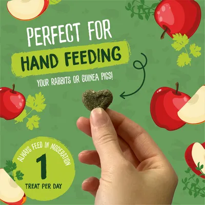 Hand holding a heart-shaped treat with text: Perfect for hand feeding your rabbits or guinea pigs. Always feed in moderation, 1 treat per day.