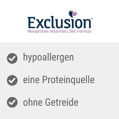 Exclusion Monoprotein Veterinary Diet Formula. Egenskaber: hypoallergen, én proteinkilde, uden korn.