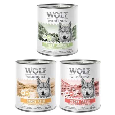 Wolf of Wilderness Nassfutter für Hunde, Sorten: Steep Journey (Geflügel und Lamm), Sandy Path (Geflügel und Huhn), Stony Creek (Geflügel und Rind), je 800g, getreidefrei.