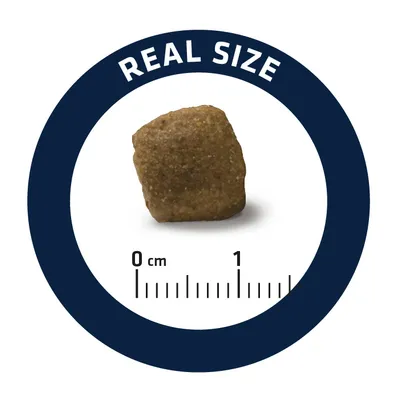 Veličina jedne granule hrane prikazana uz ravnalo od 0 do 1 cm; iznad je tekst 'REAL SIZE' na engleskom jeziku.