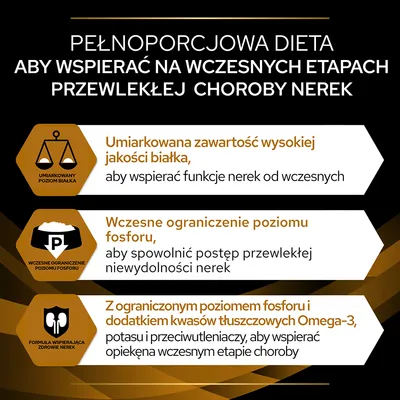 Pełnoporcjowa dieta na wczesne etapy przewlekłej choroby nerek: umiarkowany poziom białka, ograniczenie fosforu, kwasy Omega-3, potas i przeciwutleniacze dla wsparcia zdrowia nerek.