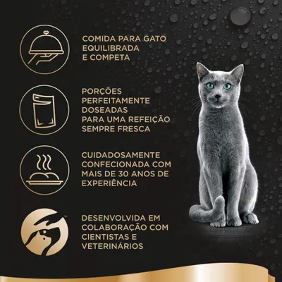 Comida para gato equilibrada e completa, porções perfeitamente doseadas, confecionada com mais de 30 anos de experiência, desenvolvida com cientistas e veterinários.