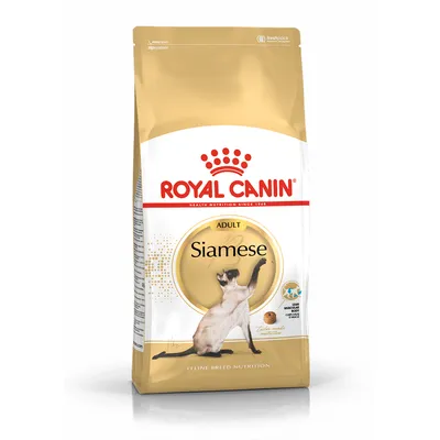 Zak Royal Canin Adult Siamese kattenvoer, afbeelding van een Siamese kat en brokjes, tekst: 'Feline Breed Nutrition', 'Lean body condition', 'Tailor-made nutrition'.