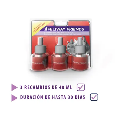 FELIWAY FRIENDS, pack de 3 recargas de 48 ml. Texto visível: '3 recambios de 48 ml', 'duración de hasta 30 días'. Indicação de 'ECONOMY PACK' na embalagem.