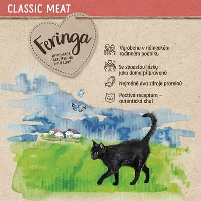 Feringa. HOMEMADE TASTE BEGINS WITH LOVE. Text v češtine: Vyrobeno v německém rodinném podniku, Se spoustou lásky jako doma připravené, Nejméně dva zdroje proteinů, Poctivá receptura – autentická chuť.