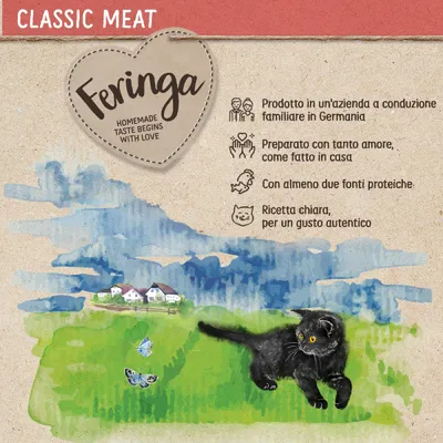 Feringa Classic Meat. Prodotto in un'azienda a conduzione familiare in Germania, preparato con amore, almeno due fonti proteiche, ricetta chiara per gusto autentico.