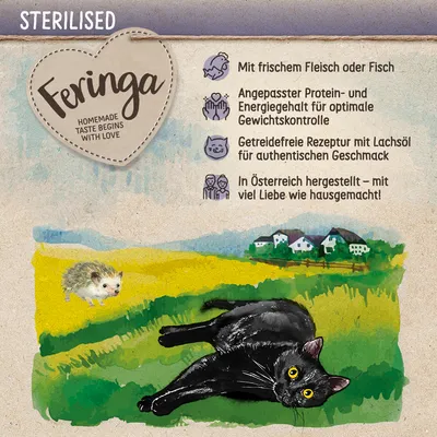 Feringa Sterilised. Tuoretta lihaa tai kalaa, säädetty proteiini- ja energiapitoisuus, viljaton resepti lohiöljyllä, valmistettu Itävallassa – kotitekoisen kaltainen.