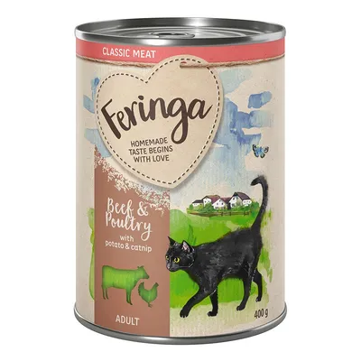 Feringa Classic Meat, Beef & Poultry with potato & catnip, ADULT, 400 g. Illustration d’un chat noir et pictogrammes de bœuf et volaille sur l’emballage.