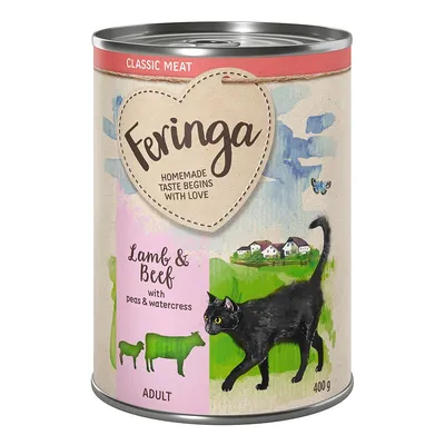 Feringa Classic Meat, lammas ja nauta herneiden ja vesikrassin kanssa, aikuisille kissoille, 400 g tölkki.