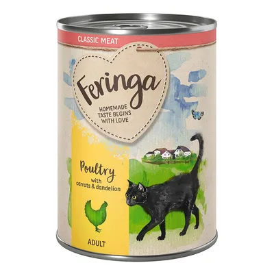 Boîte Feringa Classic Meat, texte visible : Homemade taste begins with love, Poultry with carrots & dandelion, Adult. Illustration de chat noir et poule verte.