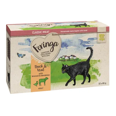 Feringa Classic Meat Duck & Veal with broccoli & dandelion ADULT, recette sans céréales, 12 x 85 g. Illustration de chat noir et pictogrammes canard et veau visibles sur l’emballage.
