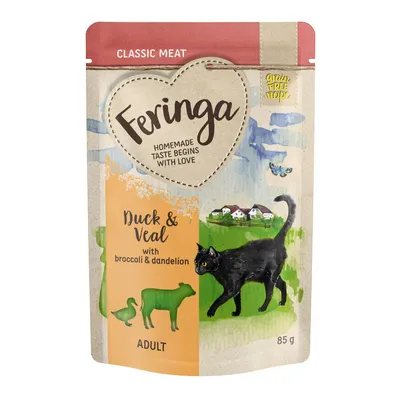 Feringa Classic Meat Duck & Veal with broccoli & dandelion, alimento per gatti adulti, confezione da 85 g. Testo visibile: grain free recipe, homemade taste begins with love.