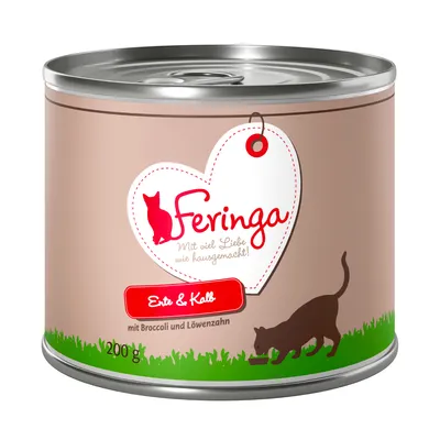 Feringa konzerva 200 g, patka i teletina, s brokulom i maslačkom. Tekst na njemačkom: Mit viel Liebe wie hausgemacht! Erste & Kalb mit Broccoli und Löwenzahn.