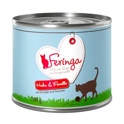 Feringa Huhn & Forelle konzerva za mačke, 200 g. Tekst na njemačkom: Mit viel Liebe wie hausgemacht! mit Kartoffel und Petersilie.