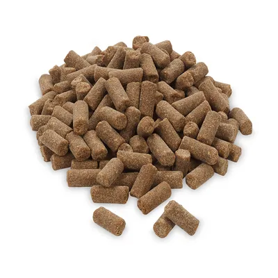 Pellet cilindrici marroni di cibo secco. L'immagine del prodotto mostra pezzi di mangime sfusi senza confezione.