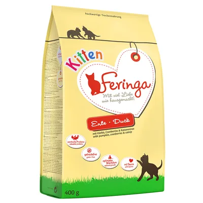 Feringa Kitten Trockenfutter, Sorte Ente. Mit Kürbis, Cranberries & Katzenminze. Eigenschaften: wertvolle Proteine, getreidefrei, optimales Wachstum, mit Taurin. Packungsgrösse: 400g.