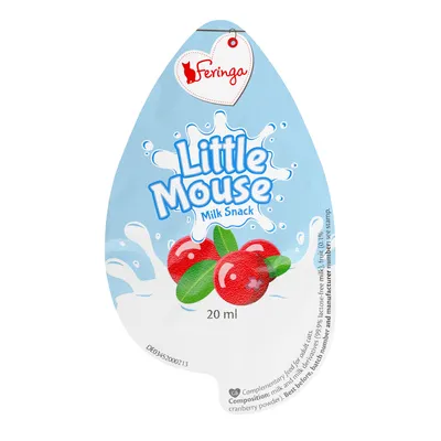 Feringa Little Mouse Milk Snack, 20 ml, with cranberry powder. Packaging shows milk splash and cranberries. Composition: milk and cranberry powder.