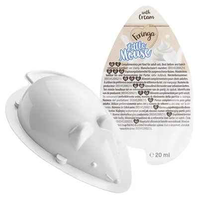 Feringa Little Mouse complementary food for adult cats, with cream, 20 ml. Manufacturer and batch number DE03452000213 visible on packaging.