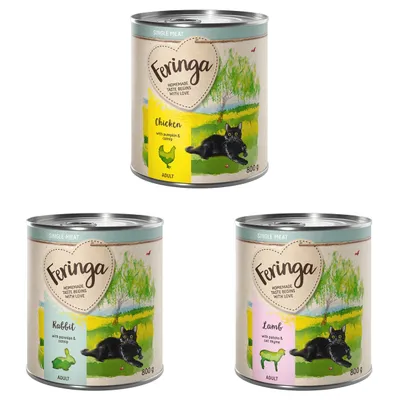 Feringa Single Meat wet food for cats, varieties: chicken with pumpkin & catnip, rabbit with parsnip & catnip, lamb with potatoes & cat grass, each 800g.