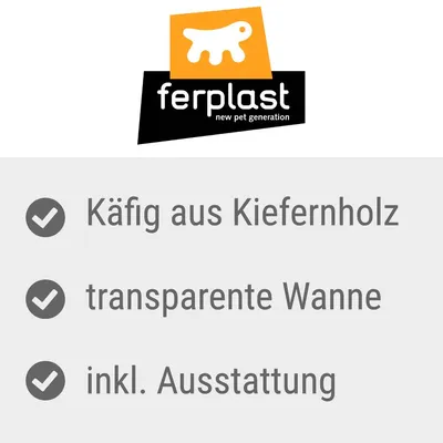 ferplast new pet generation. Käfig aus Kiefernholz, transparente Wanne, inkl. Ausstattung.