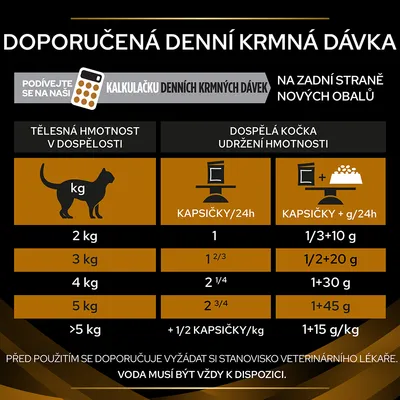 Tabulka doporučené denní krmné dávky pro kočky podle hmotnosti: 2–5 kg, počet kapsiček nebo kombinace kapsiček a gramů suchého krmiva. Upozornění na dostupnost vody.