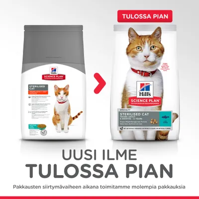 Hill's Science Plan Sterilised Cat -kissanruoan pakkausmuutos, kaksi erilaista pakkausta vierekkäin. Teksti: Uusi ilme tulossa pian. Tulossa pian -merkintä uudessa pakkauksessa.