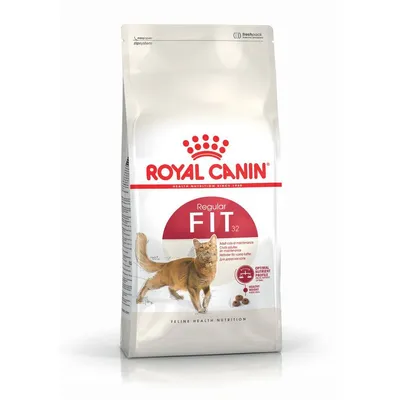 Royal Canin Regular Fit 32 krmivo pre mačky, balenie s červeným logom a obrázkom mačky. Text: 'Optimal Nutrient Profile' a 'Healthy Digestion'.