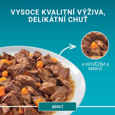 Vysoce kvalitní výživa, delikátní chuť, s hovězím a mrkví. Označení ADULT.