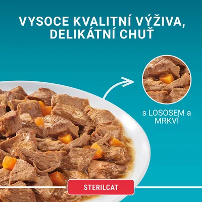 Vysoce kvalitní výživa, delikátní chuť. S lososem a mrkví. STERILCAT.