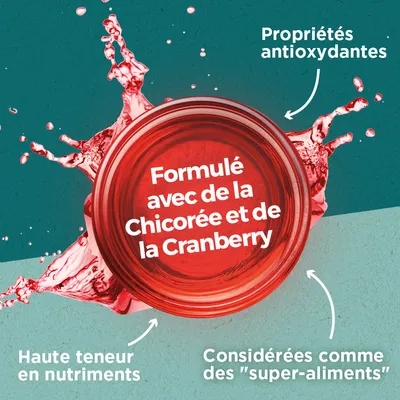 Formulé avec de la Chicorée et de la Cranberry. Propriétés antioxydantes. Haute teneur en nutriments. Considérées comme des 'super-aliments'.