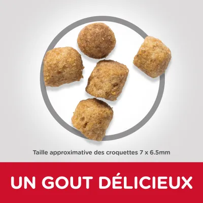 Taille approximative des croquettes 7 × 6,5 mm. Texte : UN GOUT DÉLICIEUX.
