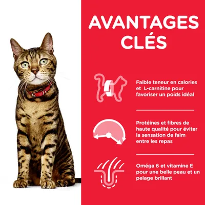 AVANTAGES CLÉS : faible teneur en calories et L-carnitine, protéines et fibres de haute qualité, oméga 6 et vitamine E pour la peau et le pelage. Texte en français (fr_BE).