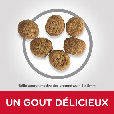 Taille approximative des croquettes 4,5 x 8 mm. Texte : UN GOUT DÉLICIEUX