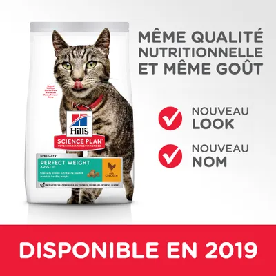Hill’s Science Plan Perfect Weight Adult 1+ au poulet, même qualité nutritionnelle et goût, nouveau look, nouveau nom, disponible en 2019. Texte en anglais sur l’emballage.