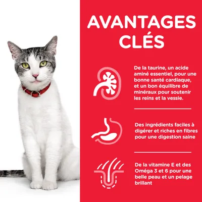 AVANTAGES CLÉS : taurine pour santé cardiaque et équilibre minéraux, ingrédients faciles à digérer riches en fibres, vitamine E et Oméga 3 et 6 pour peau et pelage brillants.