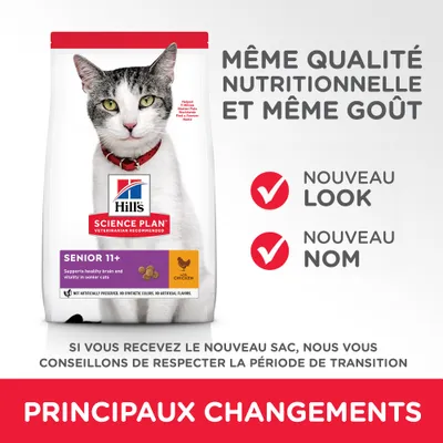 Hill’s Science Plan Senior 11+ Chicken pour chats, même qualité nutritionnelle et goût, nouveau look, nouveau nom. Principaux changements, période de transition conseillée.