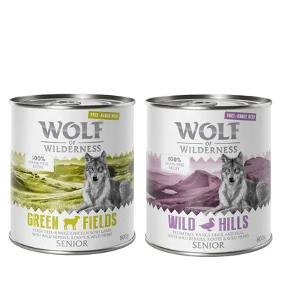 Wolf of Wilderness Senior nedves eledel: Green Fields csirke és bárány, Wild Hills kacsa és borjú, 100% gabonamentes, 800g konzerv.