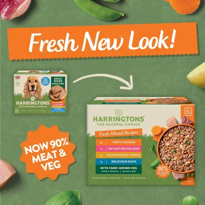 Harringtons pet food packaging update showing new look, now 90% meat and veg. Box includes tasty chicken, satisfying salmon, scrumptious turkey, delicious duck with farm-grown veg.
