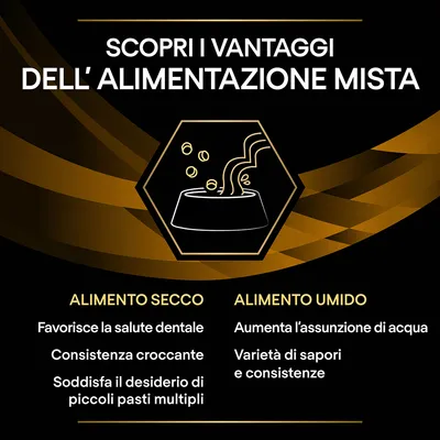 Scopri i vantaggi dell’alimentazione mista. Alimento secco: favorisce la salute dentale, consistenza croccante, soddisfa il desiderio di piccoli pasti multipli. Alimento umido: aumenta l’assunzione di acqua, varietà di sapori e consistenze.