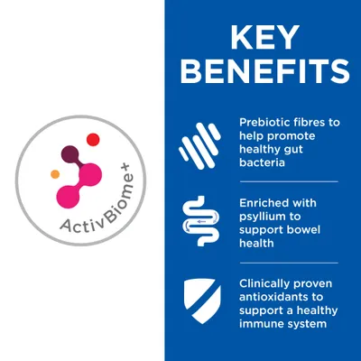 ActivBiome+. Key Benefits: Prebiotic fibres to help promote healthy gut bacteria. Enriched with psyllium to support bowel health. Clinically proven antioxidants to support a healthy immune system.
