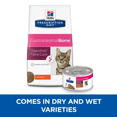 Hill's Prescription Diet Gastrointestinal Biome Digestive/Fibre Care kattefoder, tør- og vådfoder med kylling. Tekst: COMES IN DRY AND WET VARIETIES.