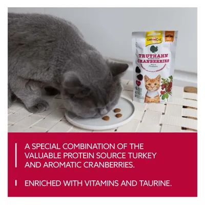 GimCat Pulyka áfonyával. Különleges kombináció értékes fehérjeforrásból, pulykából és aromás áfonyából, vitaminokkal és taurinnal gazdagítva.