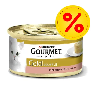 Purina Gourmet Gold Soufflé Eiersoufflé mit Lachs -kissanruokapurkki, etiketissä valkoinen kissa ja tarjousmerkki (%) kannen yläpuolella.